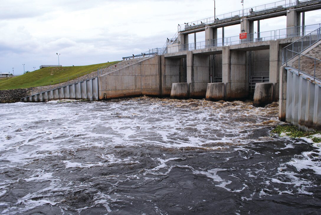 MOORE HAVEN — Water flows from Lake Okeechobee into the Caloosahatchee River at the Moore Haven Lock and Dam.